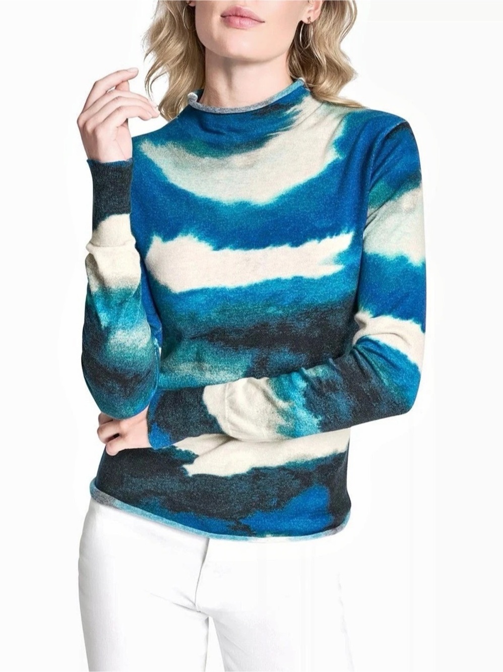 DKNY Women's Funnel Neck Marble Print Sweater Marbled Ocean Size XL